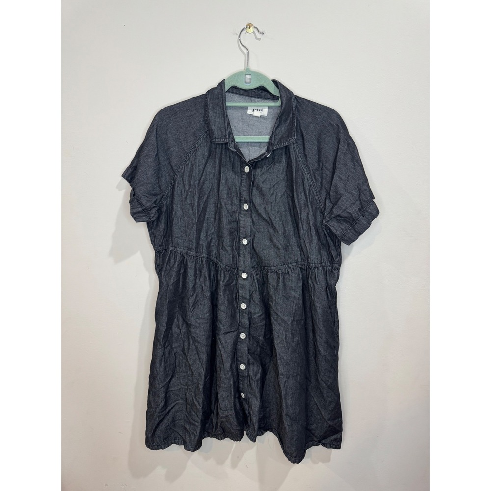 Pact Organic Cotton Denim Chambray Dress Size Small Black Babydoll Button Down L